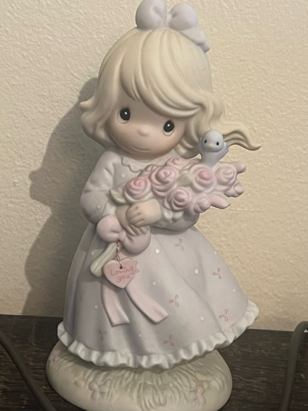 Porcelain Girl Figurine Holding Pink Rose Bouquet